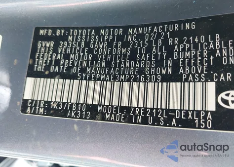 2021 Toyota Corolla Le из США, поврежденный, VIN 5YFEPMAE3MP216309